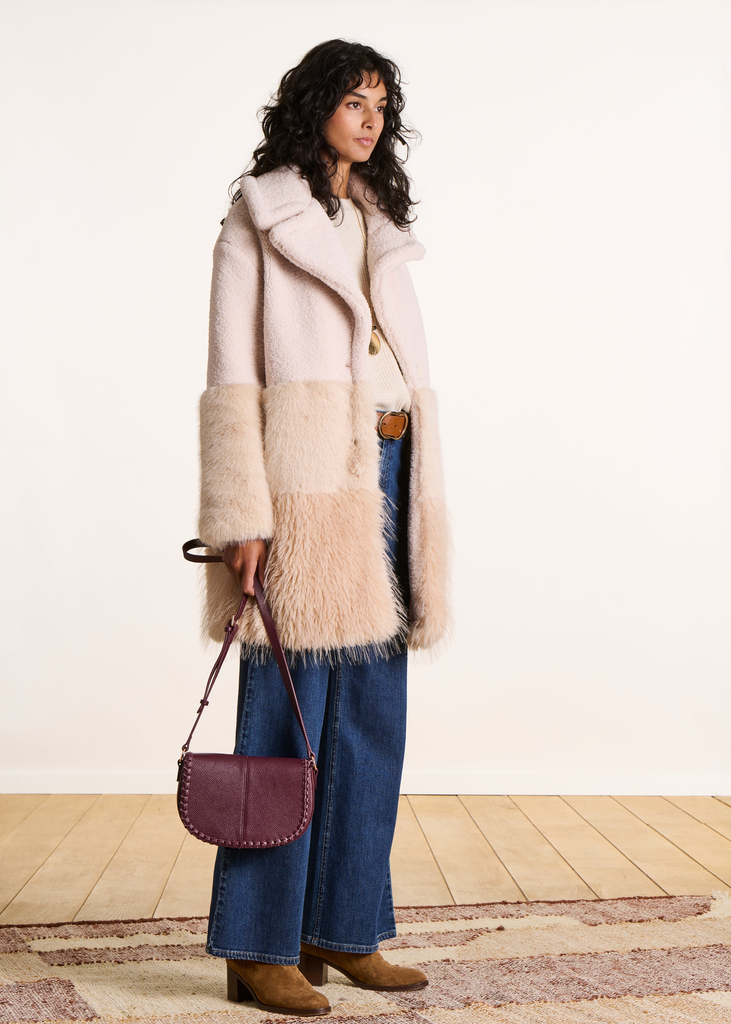 Ecru patchwork imitatiebontjas met lange mouwen